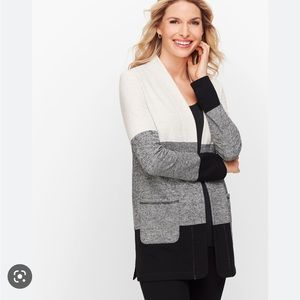 Talbots gray color block two tone open front cardigan sweater